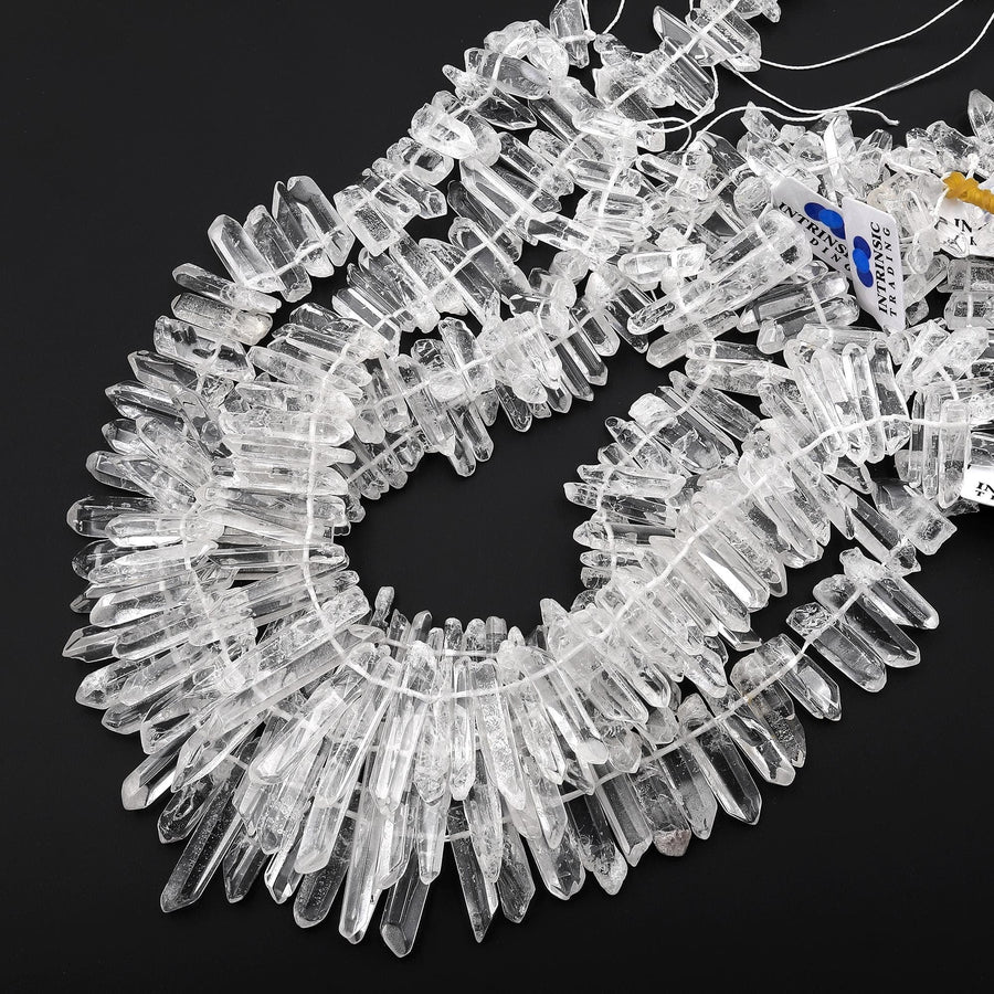 Natural Tibetan Quartz Beads Points Top Side Drilled Real Natural Clear Crystal Quartz Spike 15.5" Strand
