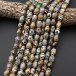 Tibetan Agate Drum Barrel Beads Dzi Green Brown Etched Dragon Antique Boho 15.5" Strand