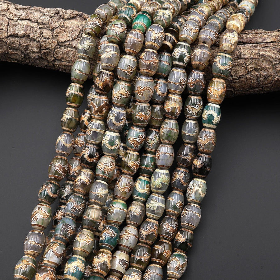 Tibetan Agate Drum Barrel Beads Dzi Green Brown Etched Dragon Antique Boho 15.5" Strand