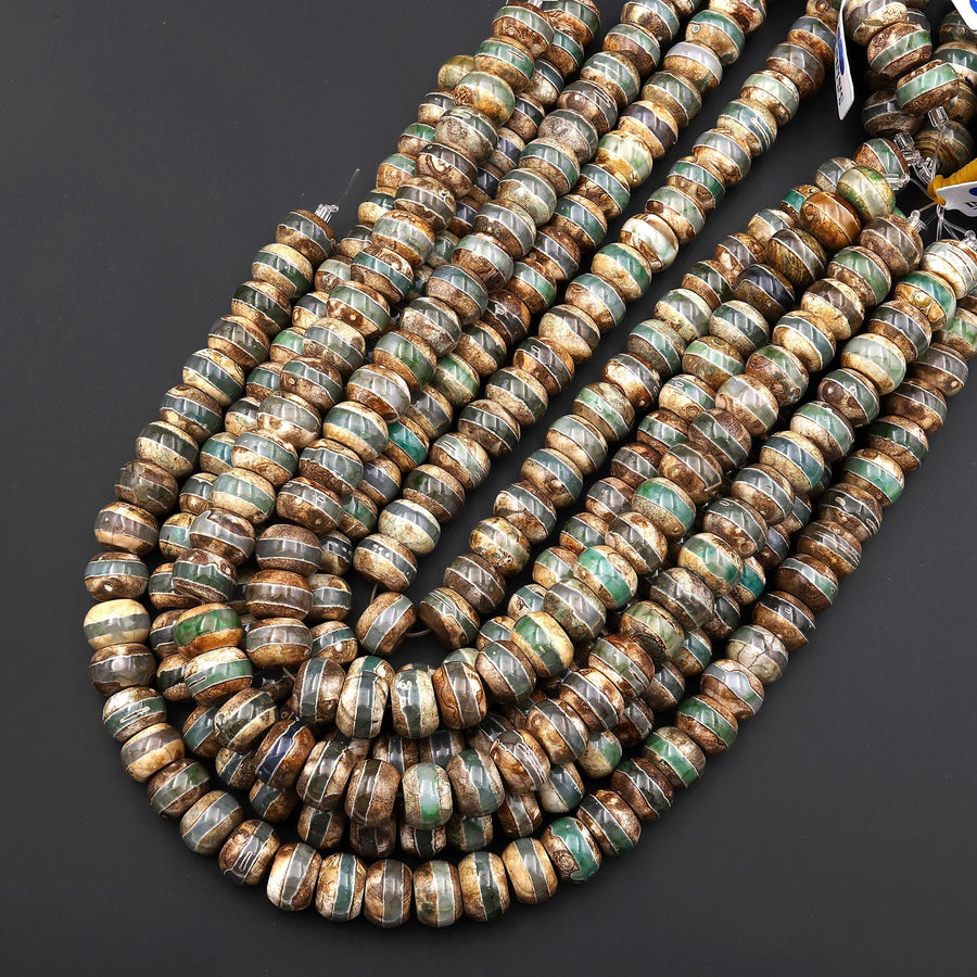 Large Tibetan Agate Rounded Disc Heishi Wheel Beads 14mm Dzi Green Brown Etched Line Antique Boho 15.5" Strand