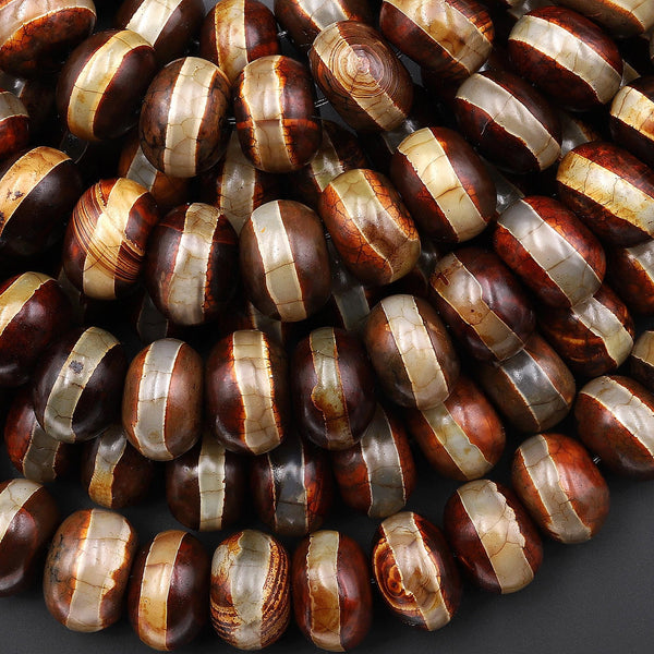 Large Tibetan Agate Rounded Disc Heishi Wheel Beads 14mm Dzi Brown Etched Line Antique Boho Earthy 15.5" Strand
