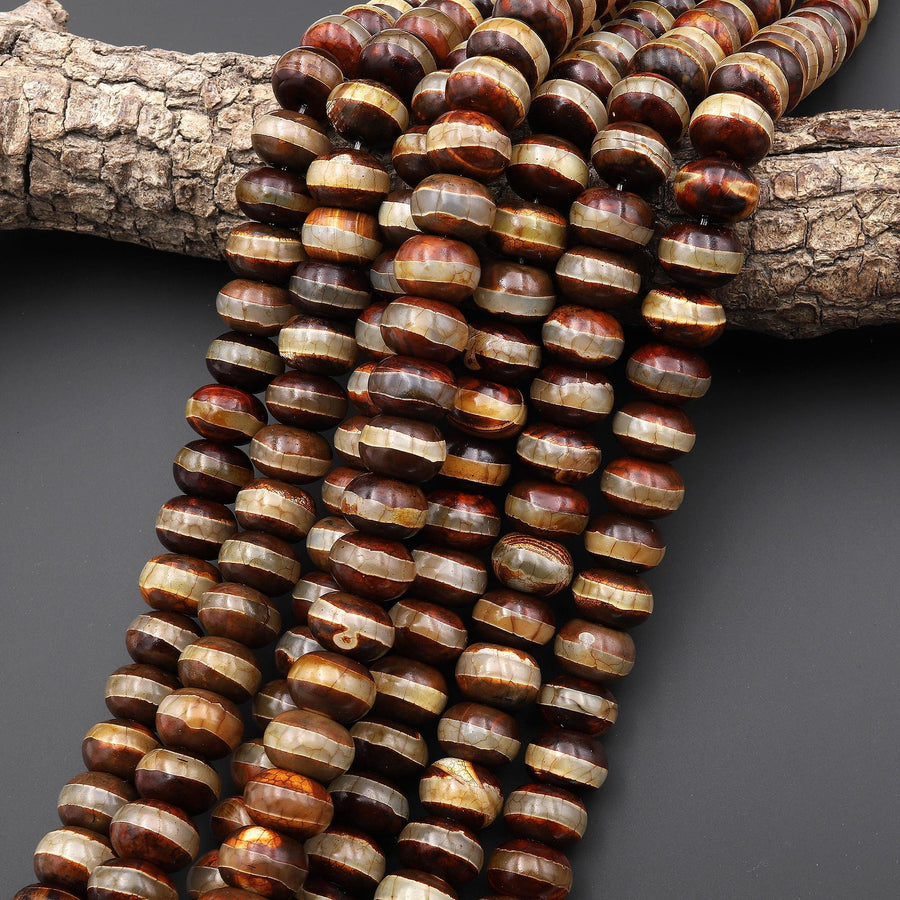 Large Tibetan Agate Rounded Disc Heishi Wheel Beads 14mm Dzi Brown Etched Line Antique Boho Earthy 15.5" Strand