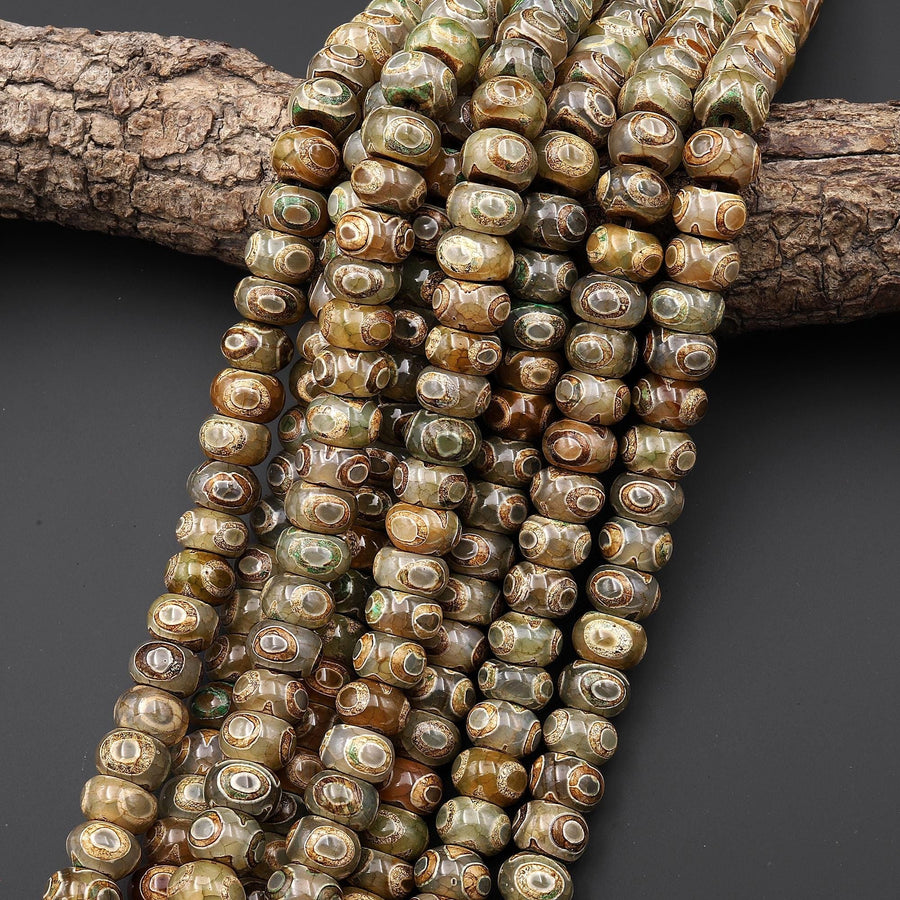Large Tibetan Agate Rounded Disc Heishi Wheel Beads 12mm Dzi Green Brown Etched Eye Antique Boho 15.5" Strand