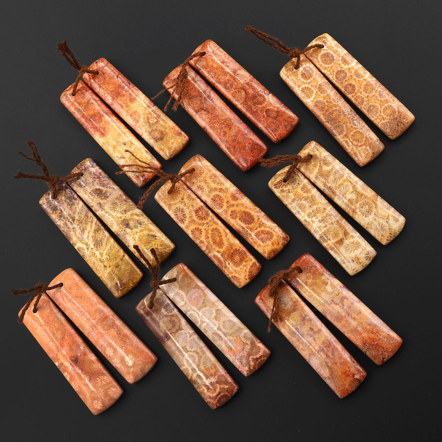Natural Fossil Coral Rectangle Earring Drilled Matched Gemstone Beads Pair