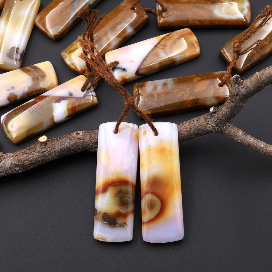 Natural Polka Dot Agate Earring Drilled Gemstone Short Rectangle Matched Beads Pair From Oregon A2