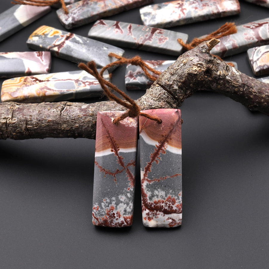 Natural Sonora Dendritic Rhyolite Jasper Rectangle Earring Drilled Gemstone Matched Beads Pair From Mexico
