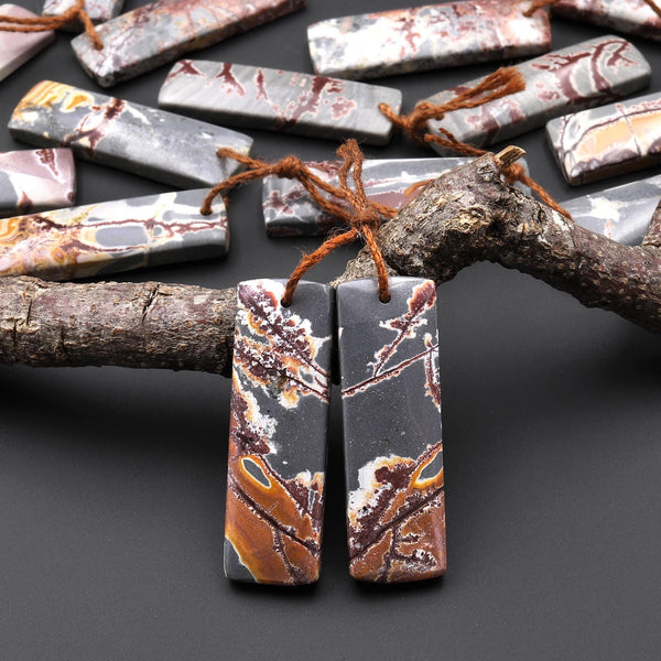 Natural Sonora Dendritic Rhyolite Jasper Rectangle Earring Drilled Gemstone Matched Beads Pair From Mexico