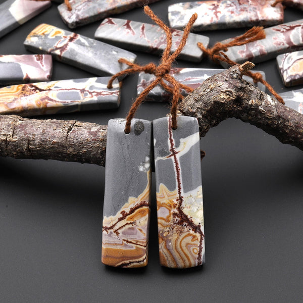 Natural Sonora Dendritic Rhyolite Jasper Rectangle Earring Drilled Gemstone Matched Beads Pair From Mexico A2
