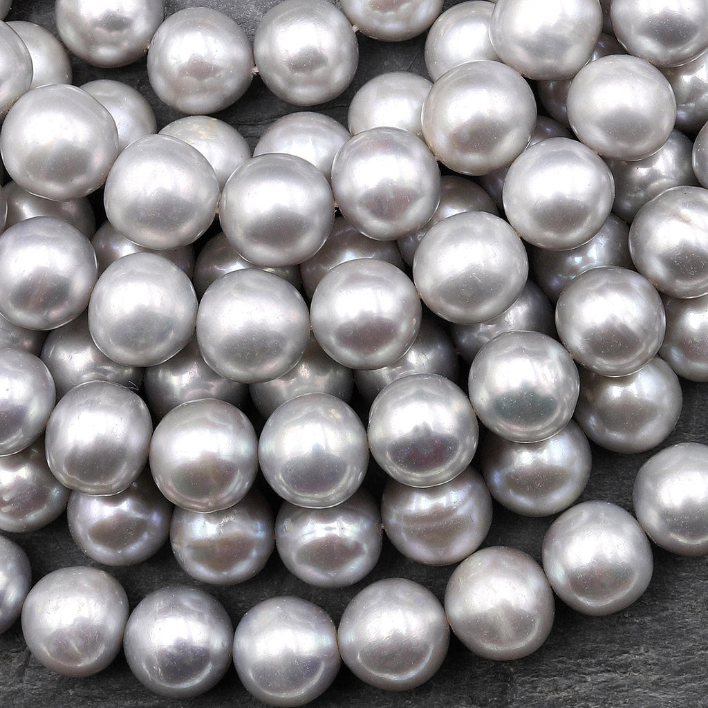 Large Iridescent Silver 10mm Round Genuine Freshwater Pearl 15.5" Strand