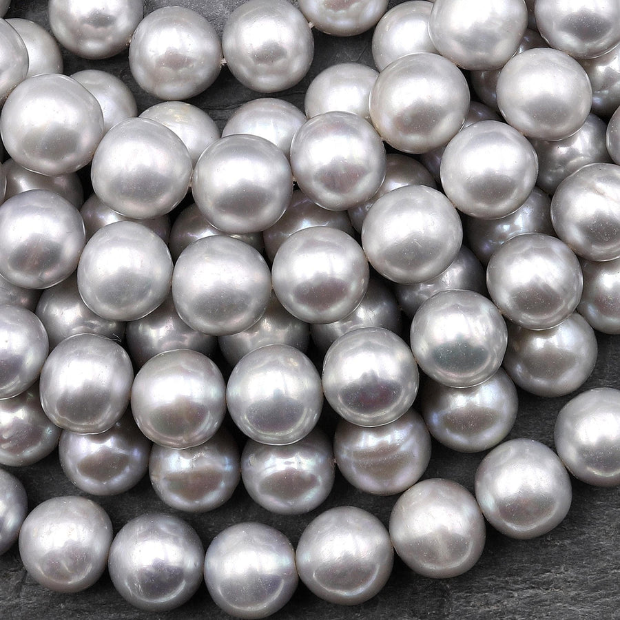 Large Iridescent Silver 10mm Round Genuine Freshwater Pearl 15.5" Strand