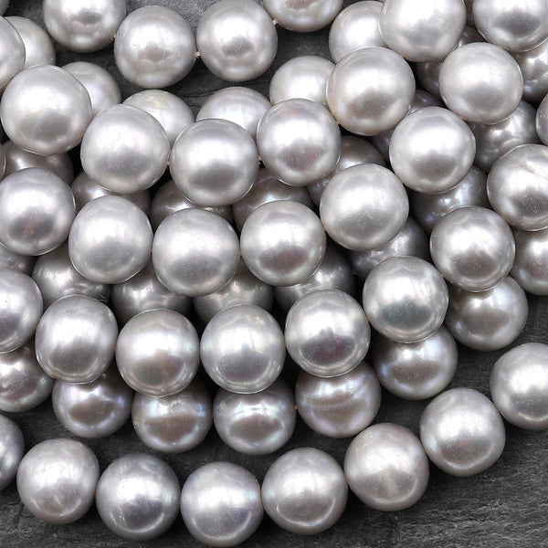 Large Iridescent Silver 10mm Round Genuine Freshwater Pearl 15.5" Strand