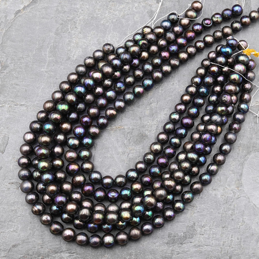 Genuine Freshwater Black Green Peacock Pearl 9mm 10mm Round Beads Shimmery Iridescent Real Genuine Freshwater Pearl 15.5" Strand