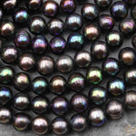 Genuine Freshwater Black Green Peacock Pearl 9mm 10mm Round Beads Shimmery Iridescent Real Genuine Freshwater Pearl 15.5" Strand