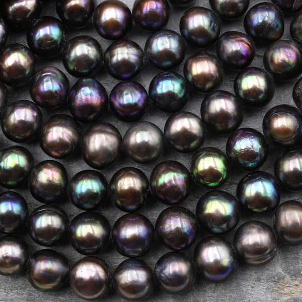 Genuine Freshwater Black Green Peacock Pearl 9mm 10mm Round Beads Shimmery Iridescent Real Genuine Freshwater Pearl 15.5" Strand