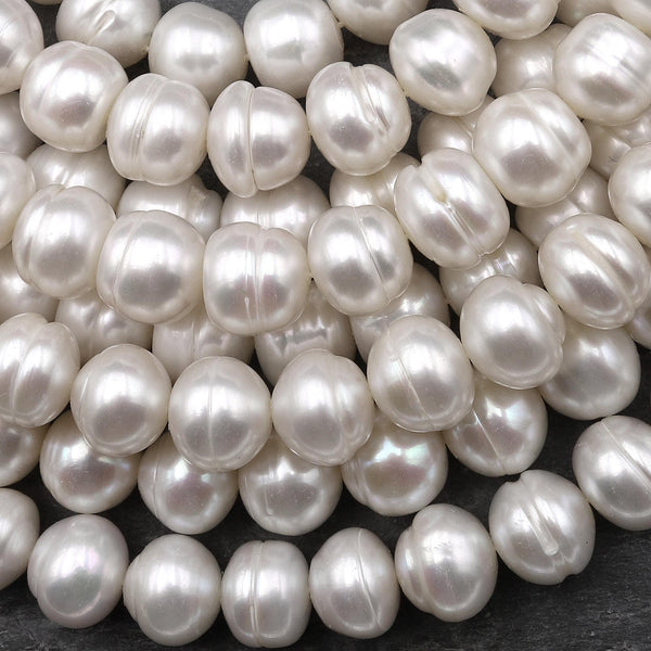 Genuine White Freshwater White Potato Nugget Pearl 10mm 12mm Shimmery Iridescent Classic White Pearl 15.5" Strand