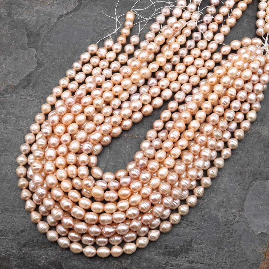 Genuine Natural Freshwater Peach Pink Oval Potato 8mm 9mm Pearl 15.5" Strand