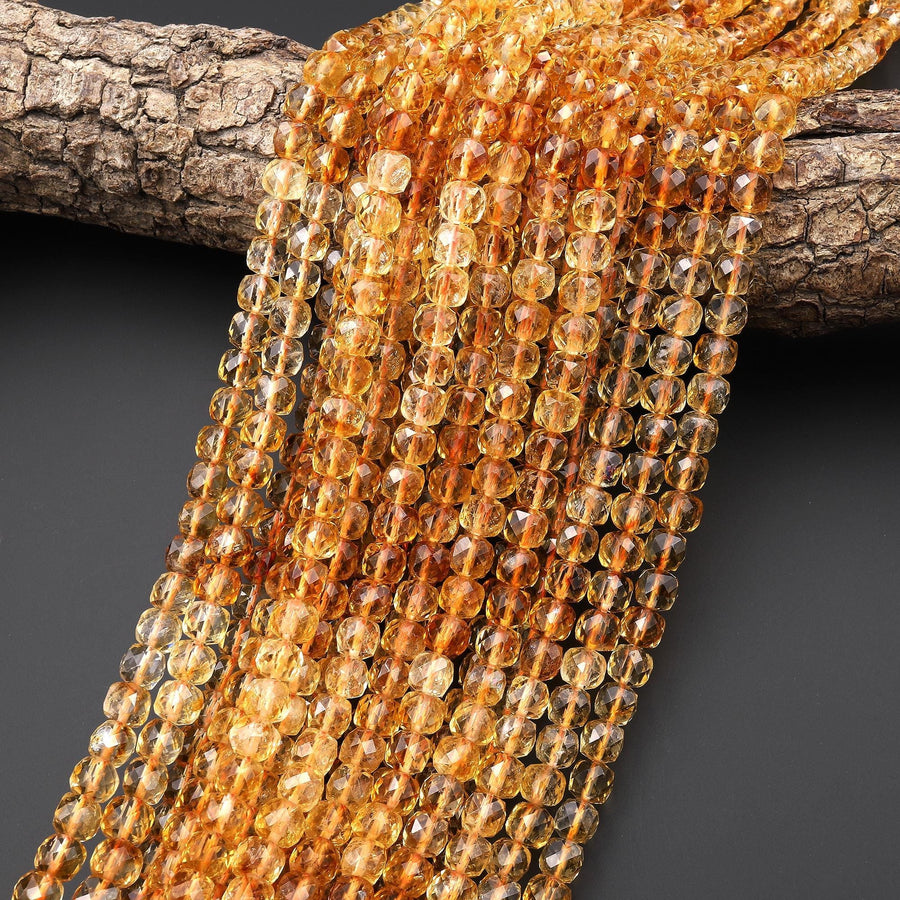 AAA Natural Golden Citrine Faceted 6mm Cube Gemstone Beads 15.5" Strand