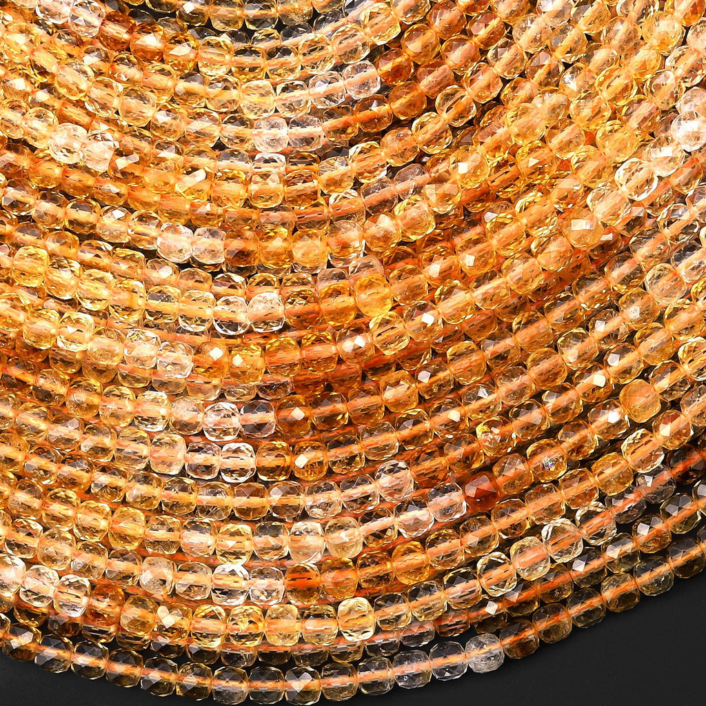 AAA Natural Golden Citrine Faceted 4mm Cube Gemstone Beads 15.5" Strand