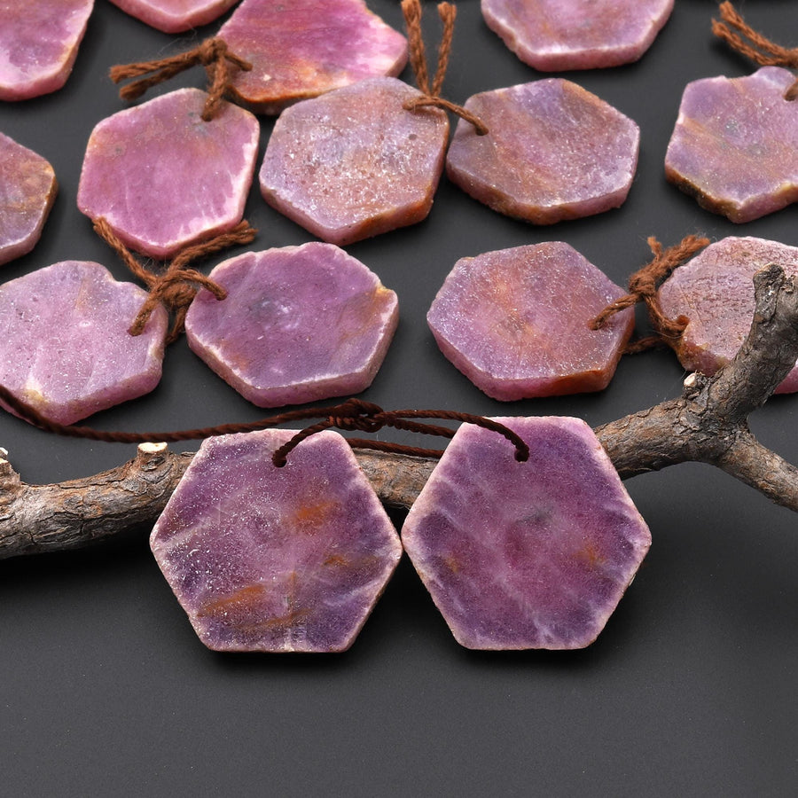Natural Red Ruby Hexagon Flat Slice Drilled Matched Gemstone Beads Pair