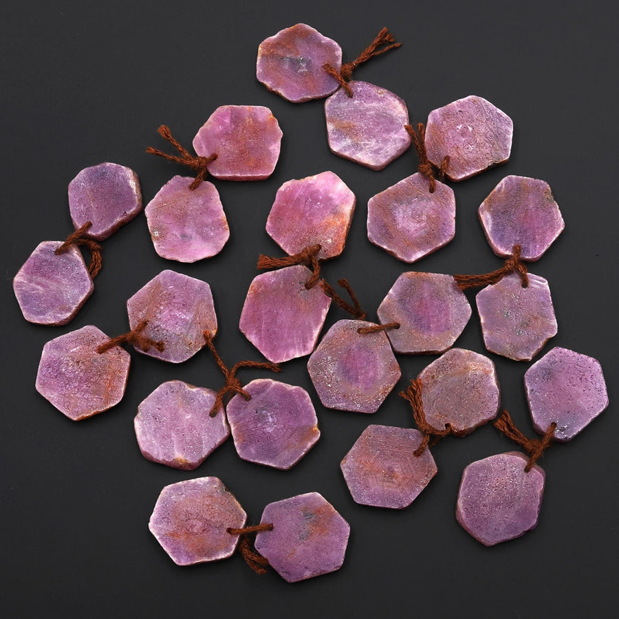 Natural Red Ruby Hexagon Flat Slice Drilled Matched Gemstone Beads Pair