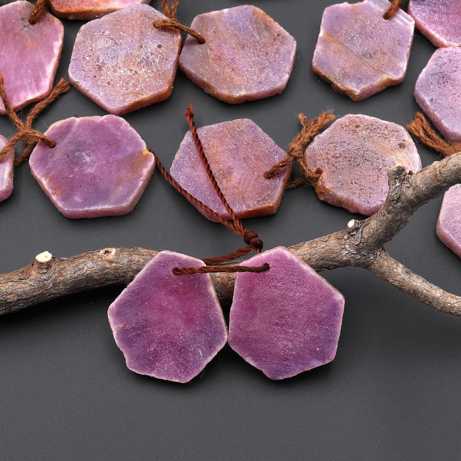 Natural Red Ruby Hexagon Flat Slice Drilled Matched Gemstone Beads Pair