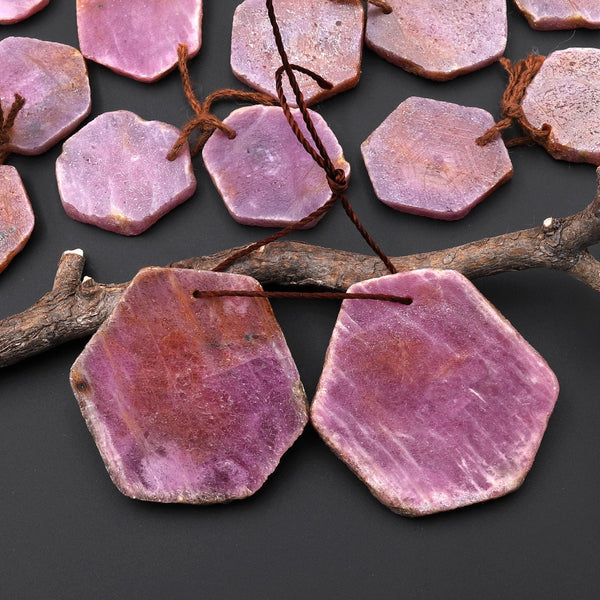 Natural Red Ruby Hexagon Flat Slice Drilled Matched Gemstone Beads Pair A2