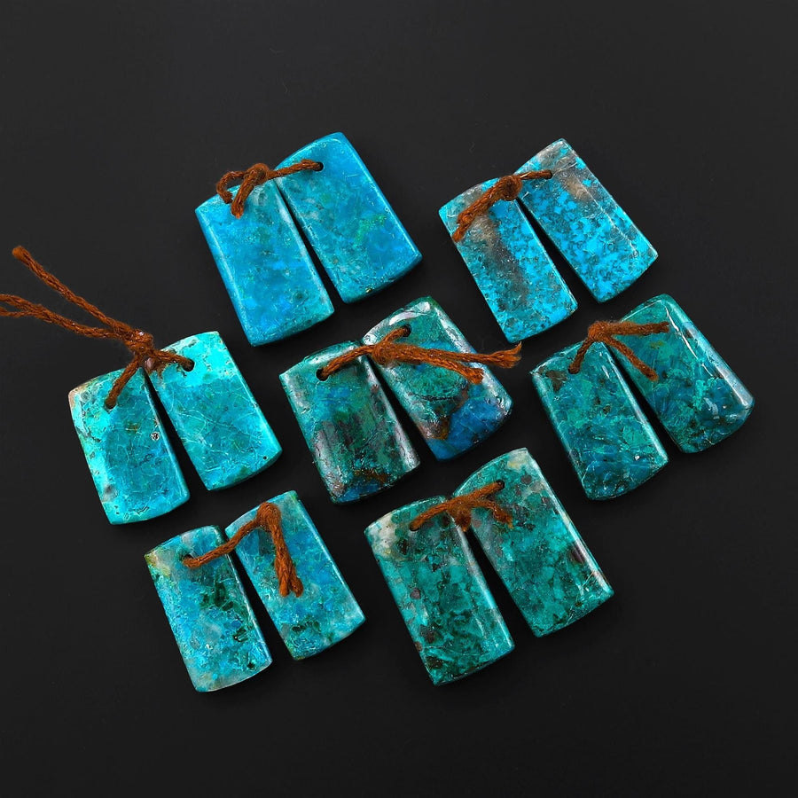 Natural Blue Green Parrot Wing Chrysocolla Short Rectangle Earrings Matched Gemstone Bead Pair