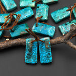 Natural Blue Green Parrot Wing Chrysocolla Short Rectangle Earrings Matched Gemstone Bead Pair
