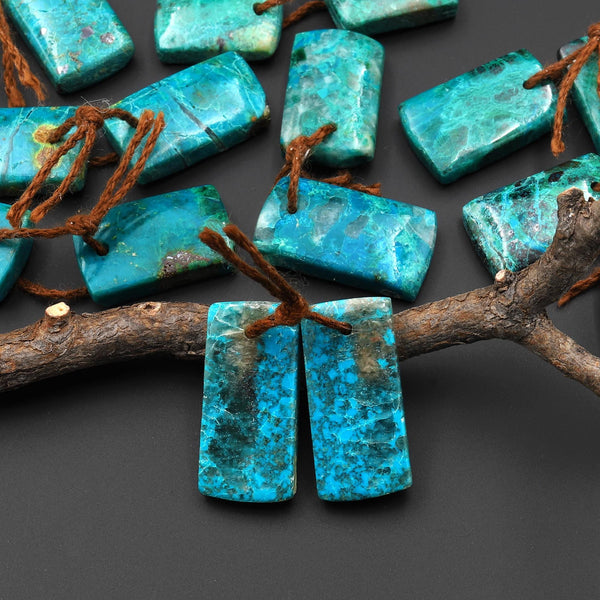 Natural Blue Green Parrot Wing Chrysocolla Short Rectangle Earrings Matched Gemstone Bead Pair A1