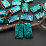 Natural Blue Green Parrot Wing Chrysocolla Short Rectangle Earrings Matched Gemstone Bead Pair