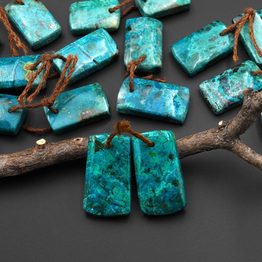 Natural Blue Green Parrot Wing Chrysocolla Short Rectangle Earrings Matched Gemstone Bead Pair