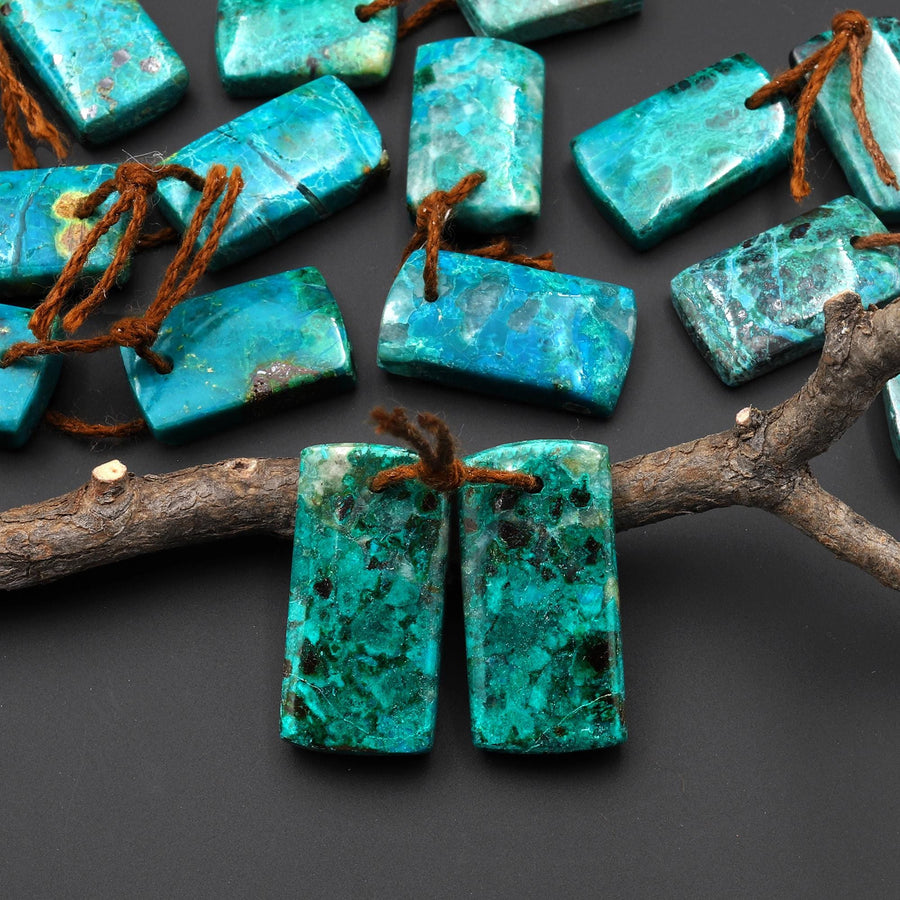 Natural Blue Green Parrot Wing Chrysocolla Short Rectangle Earrings Matched Gemstone Bead Pair