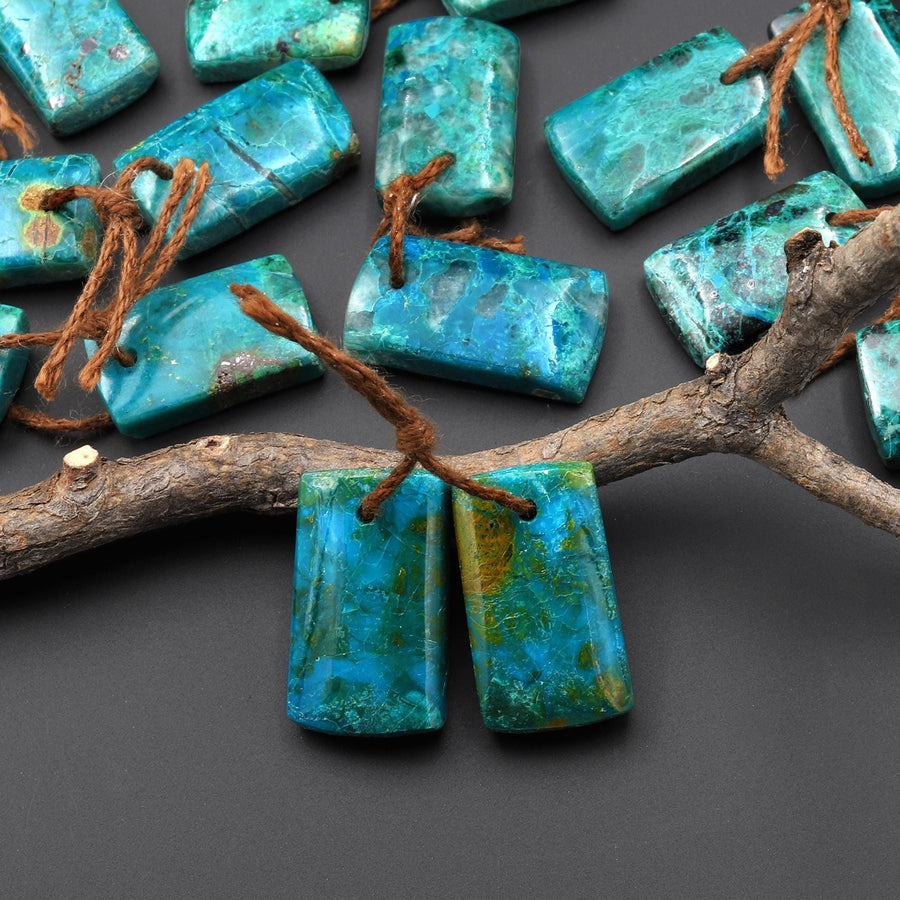 Natural Blue Green Parrot Wing Chrysocolla Short Rectangle Earrings Matched Gemstone Bead Pair