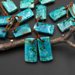Natural Blue Green Parrot Wing Chrysocolla Short Rectangle Earrings Matched Gemstone Bead Pair