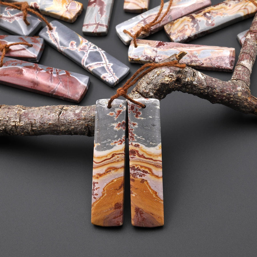 Natural Sonora Dendritic Rhyolite Jasper Long Rectangle Earring Drilled Gemstone Matched Beads Pair From Mexico