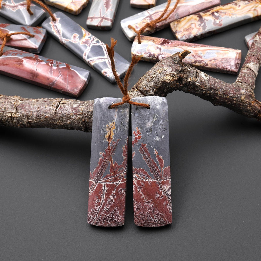 Natural Sonora Dendritic Rhyolite Jasper Long Rectangle Earring Drilled Gemstone Matched Beads Pair From Mexico