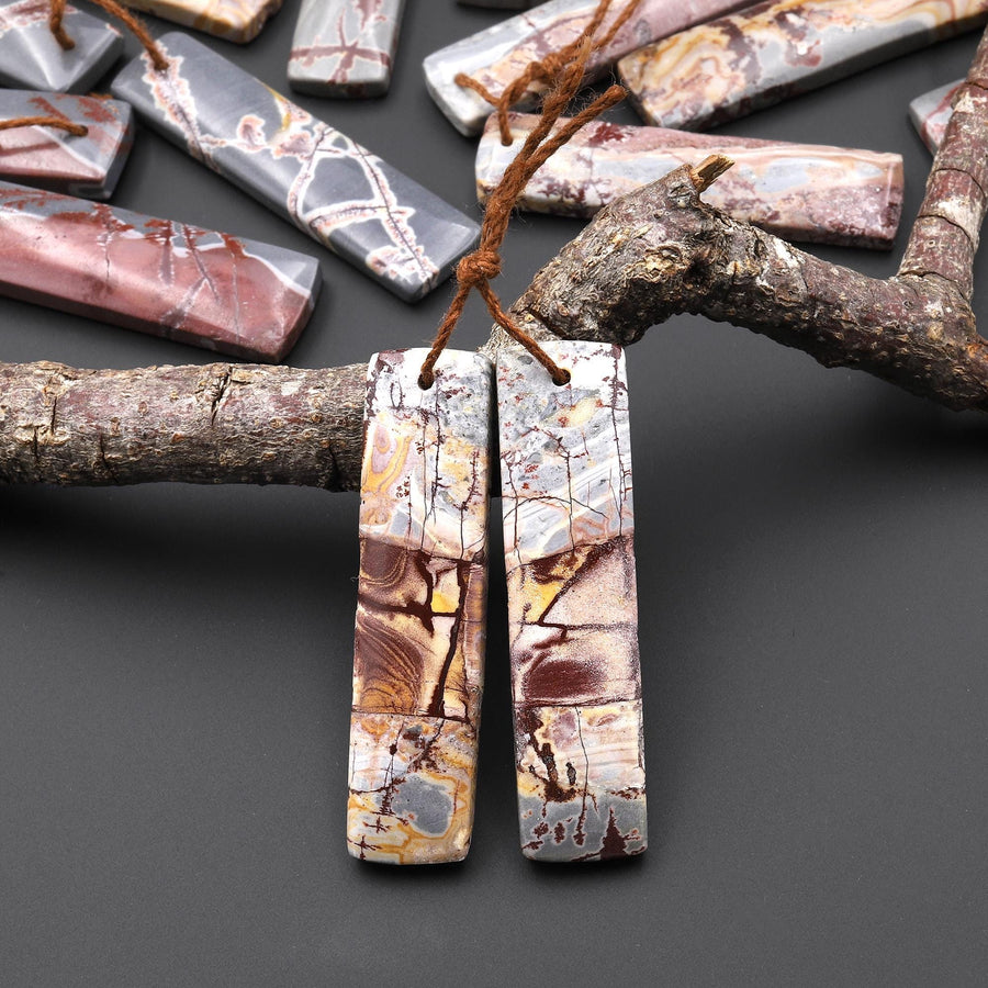 Natural Sonora Dendritic Rhyolite Jasper Long Rectangle Earring Drilled Gemstone Matched Beads Pair From Mexico