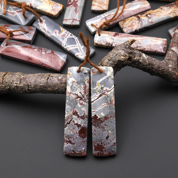 Natural Sonora Dendritic Rhyolite Jasper Long Rectangle Earring Drilled Gemstone Matched Beads Pair From Mexico A2
