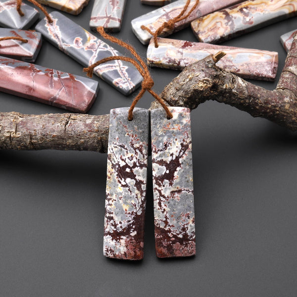 Natural Sonora Dendritic Rhyolite Jasper Long Rectangle Earring Drilled Gemstone Matched Beads Pair From Mexico A9