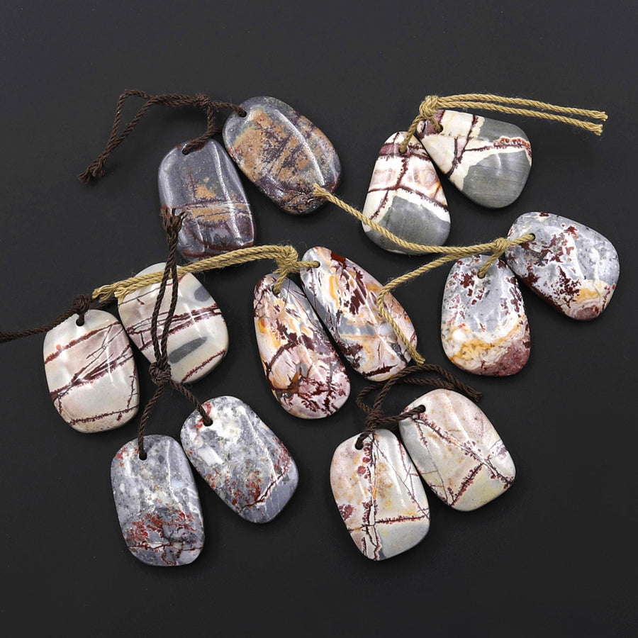 Natural Sonora Dendritic Rhyolite Jasper Freeform Organic Shape Earring Drilled Gemstone Matched Beads Pair From Mexico