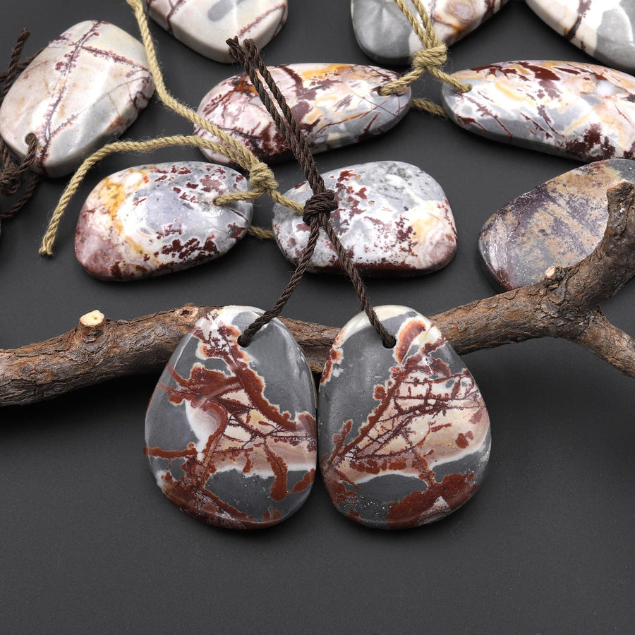 Natural Sonora Dendritic Rhyolite Jasper Freeform Organic Shape Earring Drilled Gemstone Matched Beads Pair From Mexico