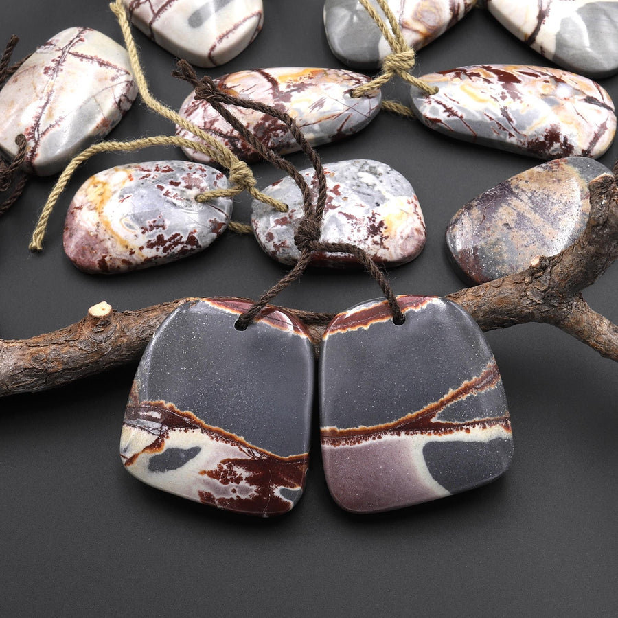 Natural Sonora Dendritic Rhyolite Jasper Freeform Organic Shape Earring Drilled Gemstone Matched Beads Pair From Mexico