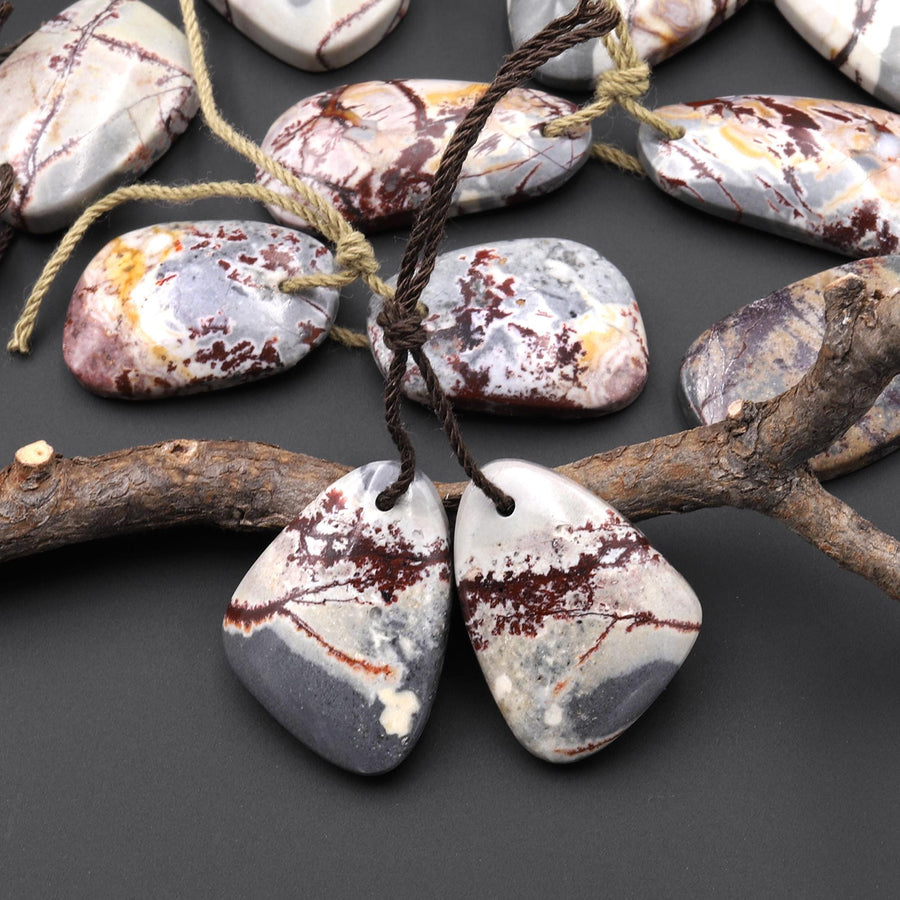 Natural Sonora Dendritic Rhyolite Jasper Freeform Organic Shape Earring Drilled Gemstone Matched Beads Pair From Mexico