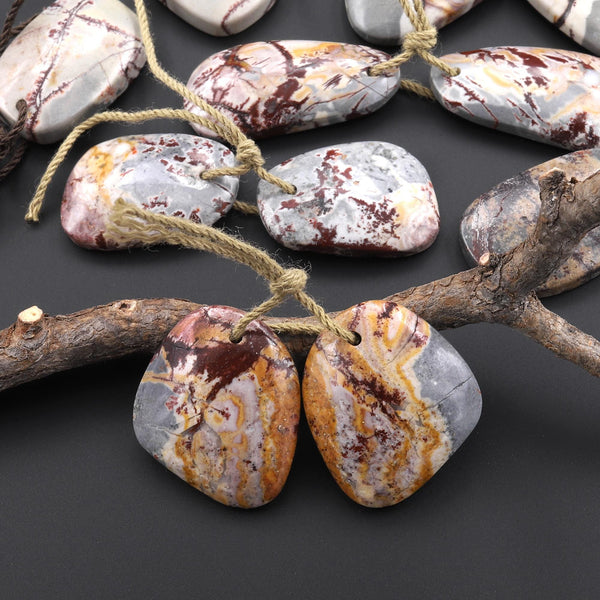 Natural Sonora Dendritic Rhyolite Jasper Freeform Drop Earring Drilled Gemstone Matched Beads Pair From Mexico A3