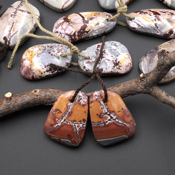 Natural Sonora Dendritic Rhyolite Jasper Freeform Drop Earring Drilled Gemstone Matched Beads Pair From Mexico A7