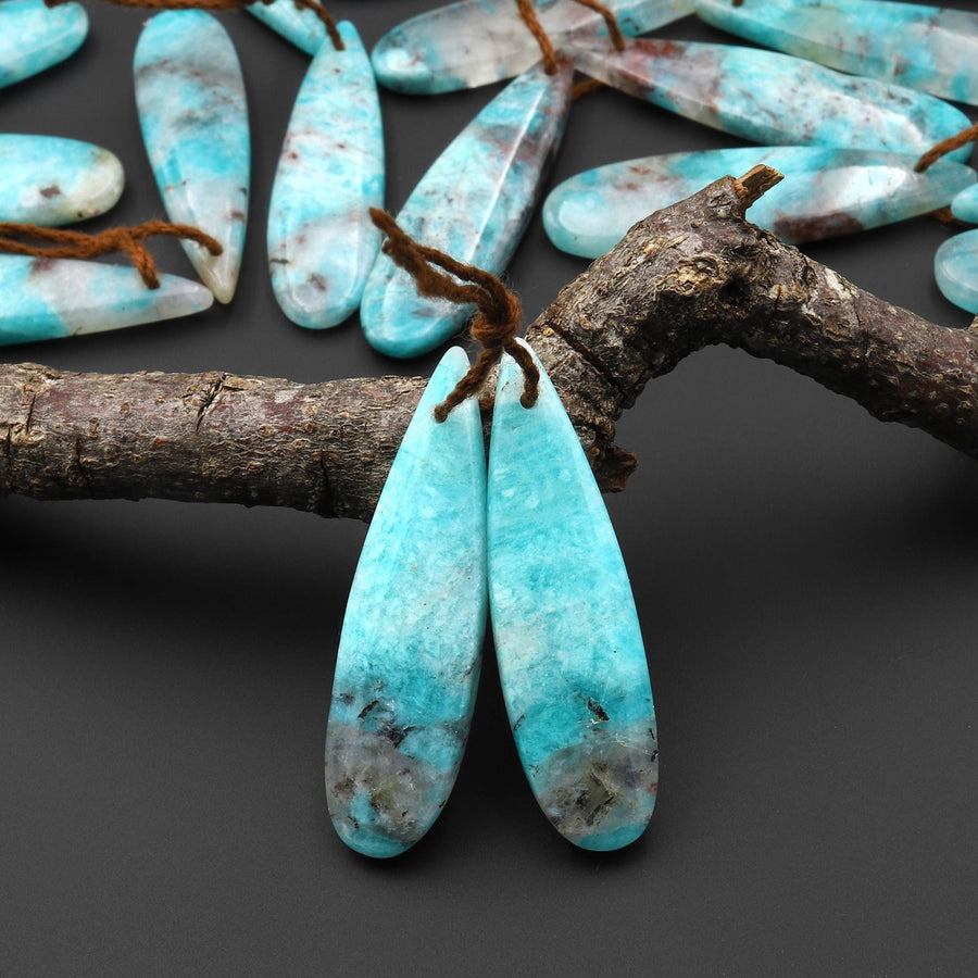 Natural Madagascar Blue Amazonite Teardrop Earring Drilled Matched Gemstone Bead Pair