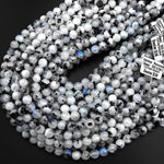 Rainbow Moonstone 6mm 8mm 10mm 12mm Round Beads Blue Flashes W Black Tourmaline 15.5" Strand