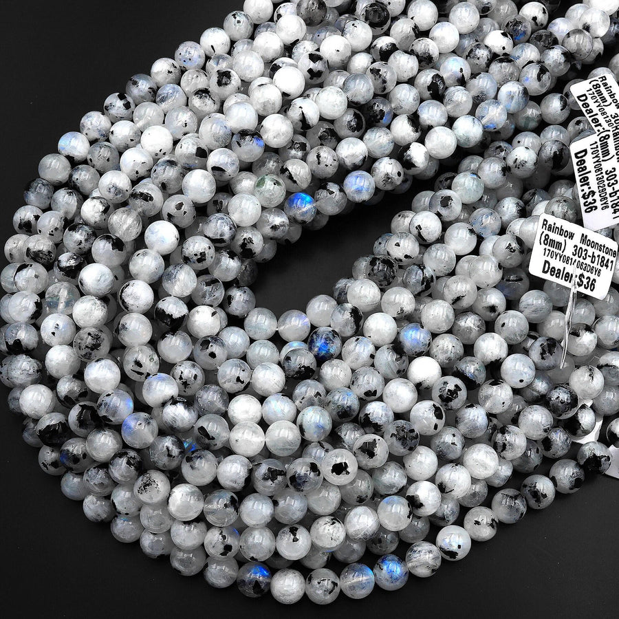 Rainbow Moonstone 6mm 8mm 10mm 12mm Round Beads Blue Flashes W Black Tourmaline 15.5" Strand