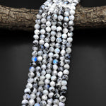 Rainbow Moonstone 6mm 8mm 10mm 12mm Round Beads Blue Flashes W Black Tourmaline 15.5" Strand
