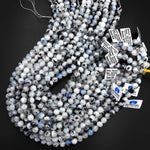 Rainbow Moonstone 6mm 8mm 10mm 12mm Round Beads Blue Flashes W Black Tourmaline 15.5" Strand